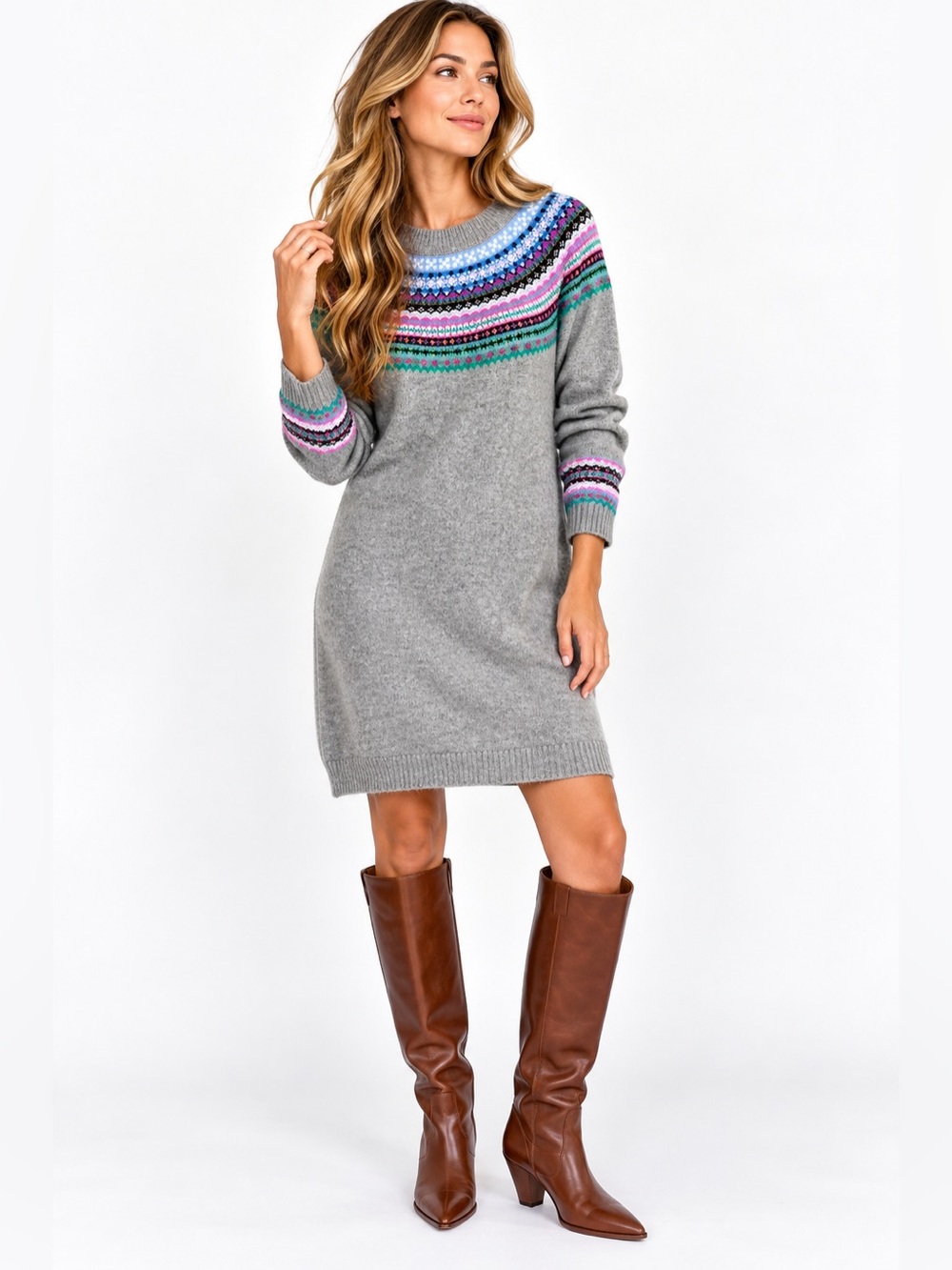 Boden Fair Isle Wool Alpaca Sweater Dress Gray Multicolor US 10 UK 14